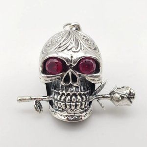 Large Embossed Sterling Silver Skull Rose with Ruby Eyes Pendant 925 1 3/4"